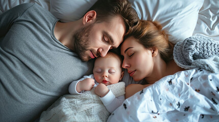 Obraz premium dad mom and baby sleeping in morning at cozy white room