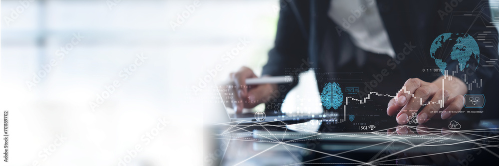 Poster ai artificial intelligence, data science and management. businessman using digital tablet with inter
