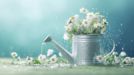 A classic metal watering can sprinkling water over fresh white daisies symbolizes growth and springtime care.