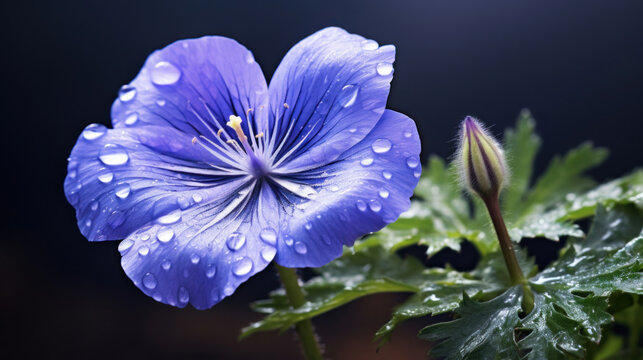 A stunning close-up of a blue geranium flower adorned with raindrops, showcasing intricate details and natural beauty.