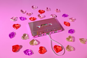 Love Song Play list Concept, Retro Music Cassette Tape Concept Surrounded by Lips and Rec Hearts, Mix Tape, Valentine's Mixed Tape