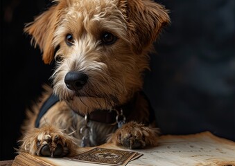 Thoughtful Dog Looking at Vintage Book