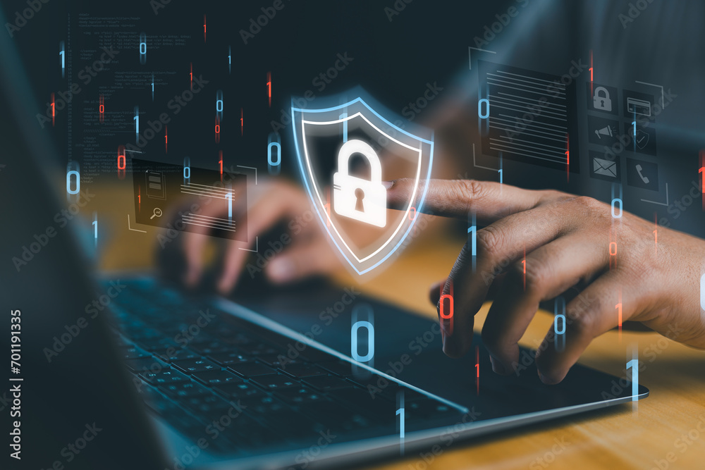 Poster User privacy security and encryption, Technology Cybersecurity internet network concept, secure internet access Future technology and cybernetics, internet security, screen with padlock, antivirus