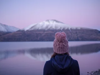 Stoff pro Meter new zealand lake travel pastel pink sunset in cold beanie Dec 2023 Background Scenic beautiful © Sara