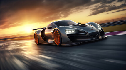  unbranded gray sports car with light effect. race track and sunset background