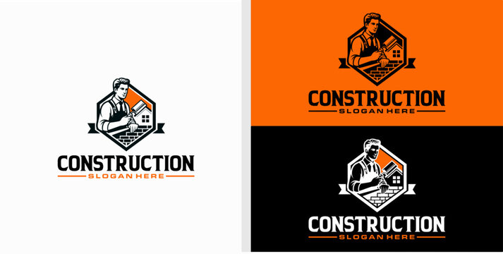 Man holding plastering trowel logo vectors