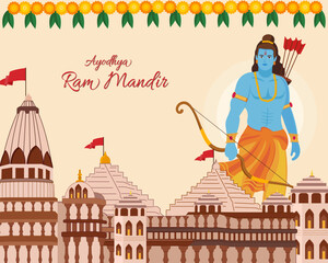 Shree Ram Mandir Ayodhya Hindu God Temple Vector illustration