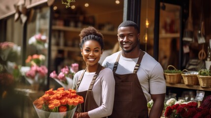 Married couple florist shop owner wearing apron waiting for customers full of beautiful flowers leisure outdoors, happy husband and wife partnership entrepreneur open small business shop at hometown