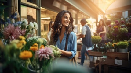 Attractive woman purchases flowers in fresh market home town to decorate house or office desk, happy female in casual startup small business florist shop enjoy decorating her shop waiting for customer - Powered by Adobe