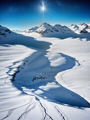 Winter landscape with high snow-capped mountains