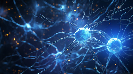 Neural network brain cells blue. Human nervous system or Neurons. Background with copy space. - obrazy, fototapety, plakaty