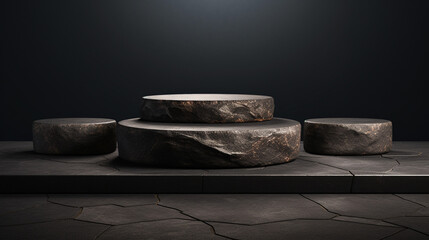 Black stone podium empty for luxury product placement. Rock granite pedestal stage background. Natural material scene..
