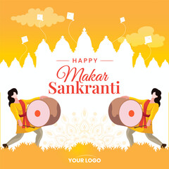 girl playing dhol in front of temple for makar sankranti with kites vector