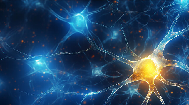 Neural network brain cells yellow blue. Human nervous system or Neurons. Background with copy space.