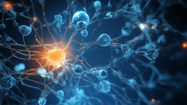 Neural network brain cells yellow blue. Human nervous system or Neurons. Background with copy space.