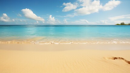 Fototapeta na wymiar Calm turquoise ocean waves, virgin beach sand. Banner on the theme of summer holidays.