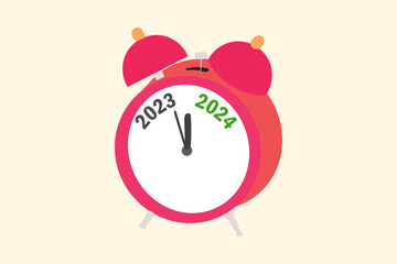2023 and 2024 on red alarm clock on yellow background for preparation of Merry Christmas and Happy new year concept
