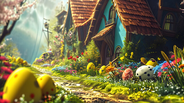 easter eggs and bunny, Lively and Colorful Scene for a Joyful Easter Day