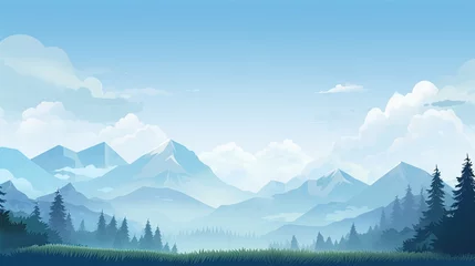 Fotobehang flat illustration of forests and mountains with a cool spring feel © Sanichiro