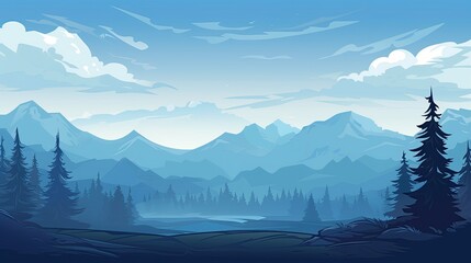 flat illustration of forests and mountains with cool shades of blue - obrazy, fototapety, plakaty