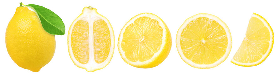 lemon fruit with leaves, slice and half isolated, Fresh and Juicy Lemon, transparent png, cut out