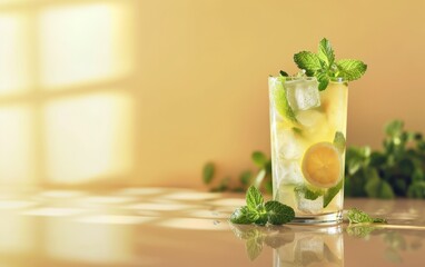 Summer cocktail with lime and ice. Classic mojito. Sunlit background. Space for text.  Summer minimal concept for holiday, celebration, party. Healthy fresh drink. Immune drink concept
