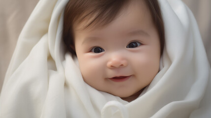 A smiling Asian baby is covered in white soft blanket, top view.