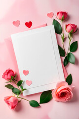 Blank paper greeting card with flowers on light pink background.
