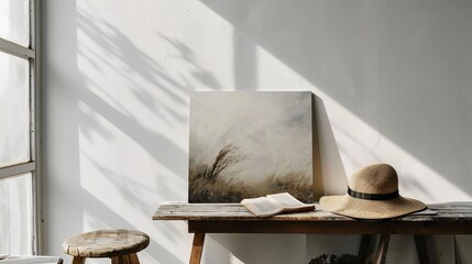 A picture on a table leaning on the white wall.