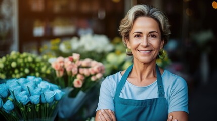 Attractive senior woman standing in front of florist shop holding white rose bouquet decorating for customer on Valentine's day, happy middle age female flora shop entrepreneur small business worker