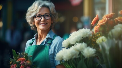 Attractive senior woman standing in front of florist shop holding white rose bouquet decorating for customer on Valentine's day, happy middle age female flora shop entrepreneur small business worker - Powered by Adobe