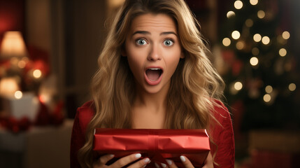 portrait of a woman with a gift box exited expression 