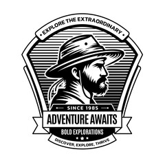 Distinct Logo Design, Expedition Man in Ink and Vector Art Isolation