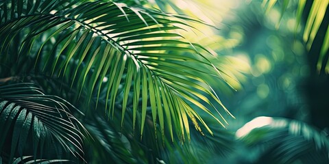 Tropical oasis. Close up of vibrant green palm leaves in summer garden. Nature artistry. Abstract of lush foliage in tropical forest. Botanical beauty. Exotic tree leaf in bright summer light