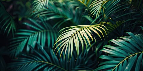 Tropical oasis. Close up of vibrant green palm leaves in summer garden. Nature artistry. Abstract of lush foliage in tropical forest. Botanical beauty. Exotic tree leaf in bright summer light