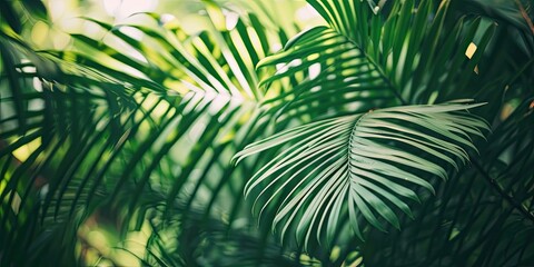 Fototapeta na wymiar Tropical oasis. Close up of vibrant green palm leaves in summer garden. Nature artistry. Abstract of lush foliage in tropical forest. Botanical beauty. Exotic tree leaf in bright summer light