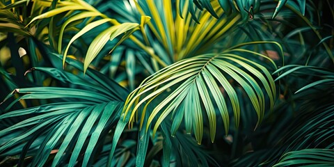 Fototapeta premium Tropical oasis. Close up of vibrant green palm leaves in summer garden. Nature artistry. Abstract of lush foliage in tropical forest. Botanical beauty. Exotic tree leaf in bright summer light