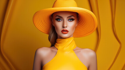 Happy playful young woman in big hat isolated over yellow background. Vogue concept