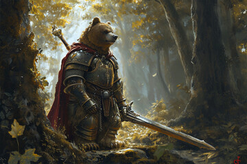 illustration of a bear knight in the forest - obrazy, fototapety, plakaty