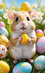Cute gerbil holding Easter egg during Easter hunt in grass illustration