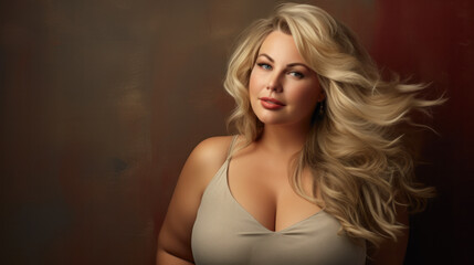 Fototapeta na wymiar Portrait of beautiful plus size curly young blond woman posing on studio background