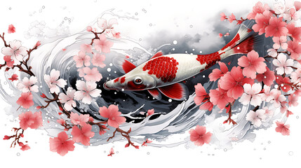 A koi carp combined with sakura, with black, white and red, Japanese concept