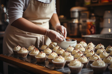 Home maid making cupcakes with diligent hands in a residential kitchen with cozy evening and warm ambiance