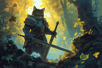 illustration of a cat knight in the forest