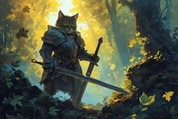 Aluminium Prints Fairy forest illustration of a cat knight in the forest