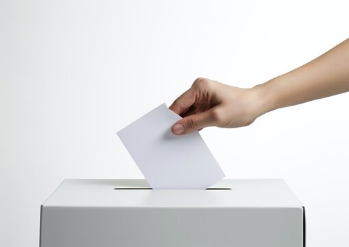 hand holding ballot paper on ballot box, isolated white background