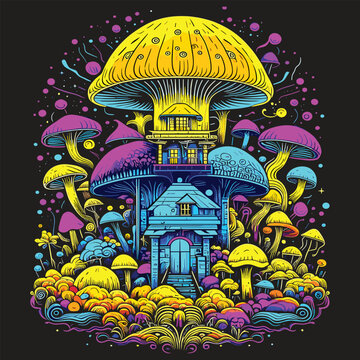 House thatched roof garden princess houses shape mystical dream mushrooms wizards tower still psychedelic vector illustration