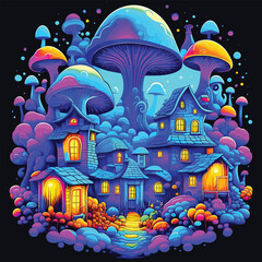Magical house with mushrooms psychedelic vector illustration