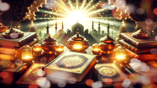 Background of mosque lights, Al qur'an and lanterns at night with Ramadan decorations. seamless looping time lapse virtual 4k video animation background