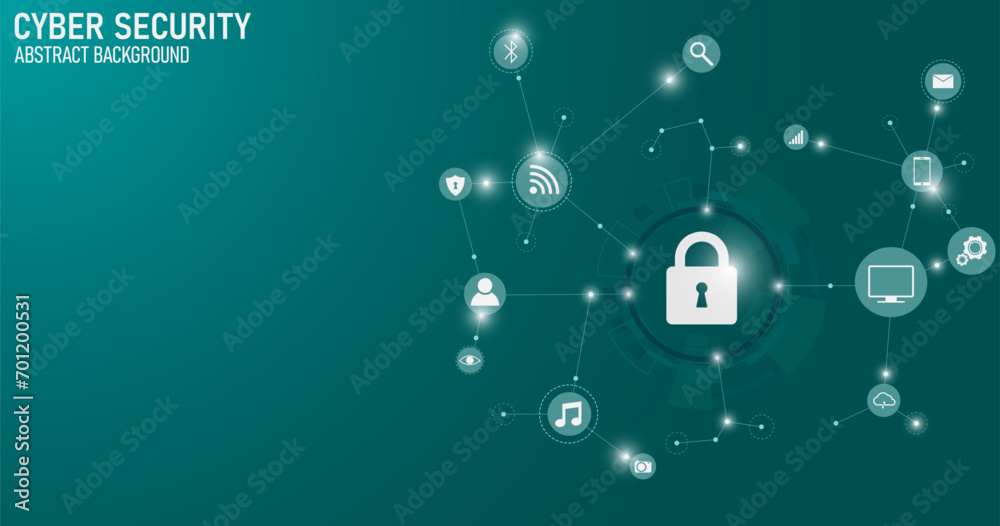Poster Cyber technology security, Hi-tech vector illustration with various technology elements. Digital internet communication on green. Internet Protection concept design background.